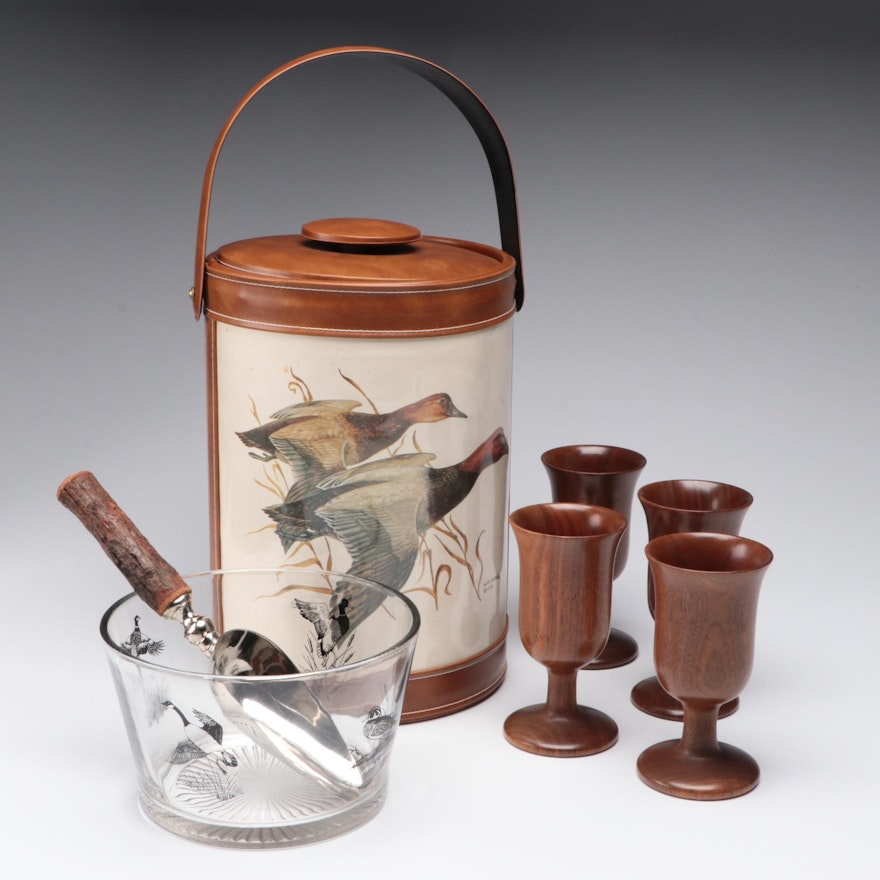 Georges Briard Canvasback Duck Motif Ice Bucket with Walnut Goblets and More