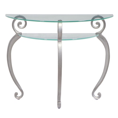 Contemporary Silver Gilt Metal and Glass Top Two-Tiered Demilune Console Table