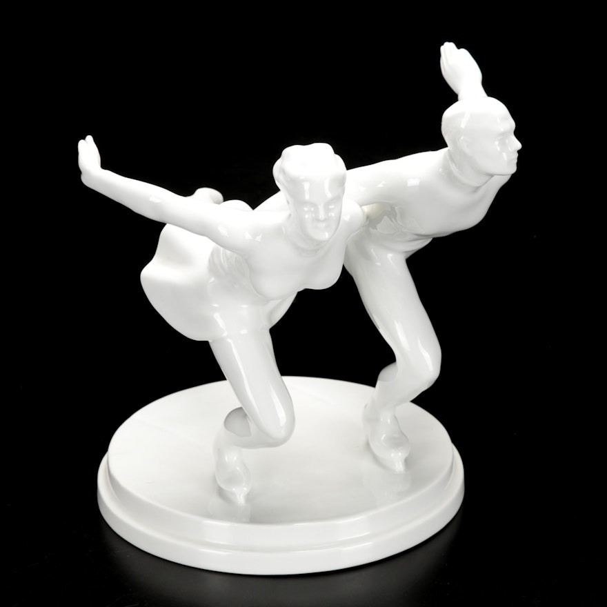 Herend "Olympic Sport: Ice Skaters" Blanc De Chine Porcelain Figurine