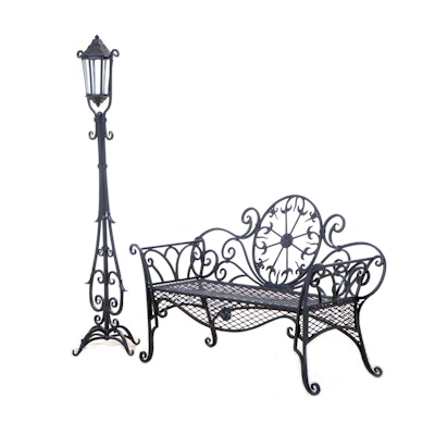 Wrought Iron and Wire Mesh Garden Bench  with Lantern