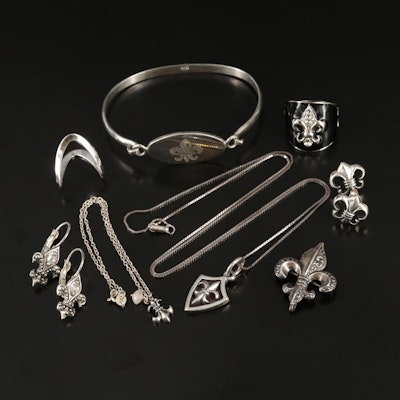 Fleur-de-Lis Jewelry Including Sterling, Quartz, Rhinestone and Enamel