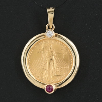 14K Diamond and Ruby Pendant with 2004 $5 Gold Eagle Bullion Coin