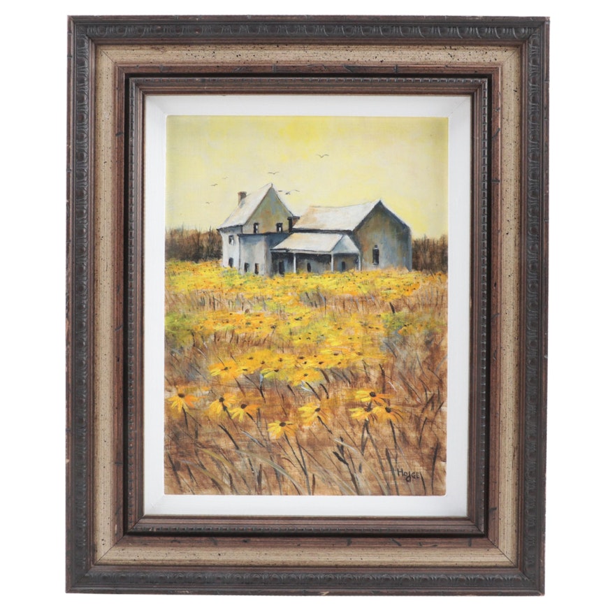 Irene Hodge Acrylic Painting "Autumn on the Farm," Late 20th Century
