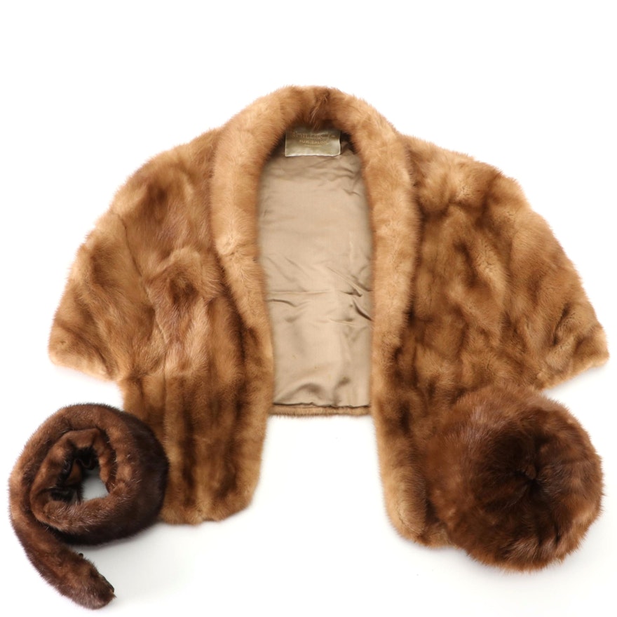 Pastel Mink Fur Stole and Brown Mink Fur Hat and Boa with Box