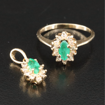 14K Emerald and Diamond Pendant and 10K Navette Ring