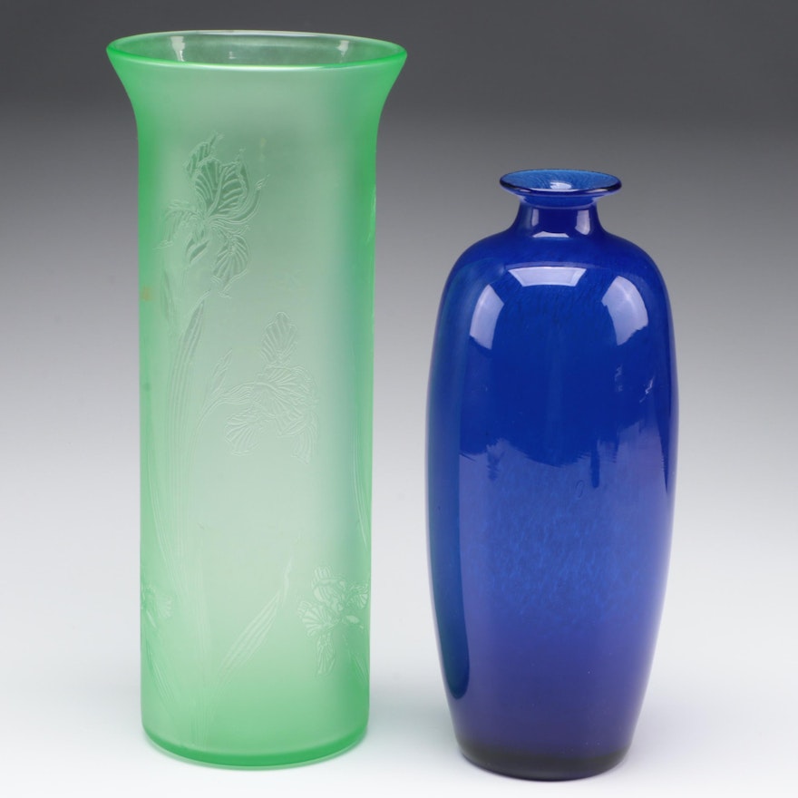 Plus Norway Cobalt Glass Vase with Green Iris Carved Vase