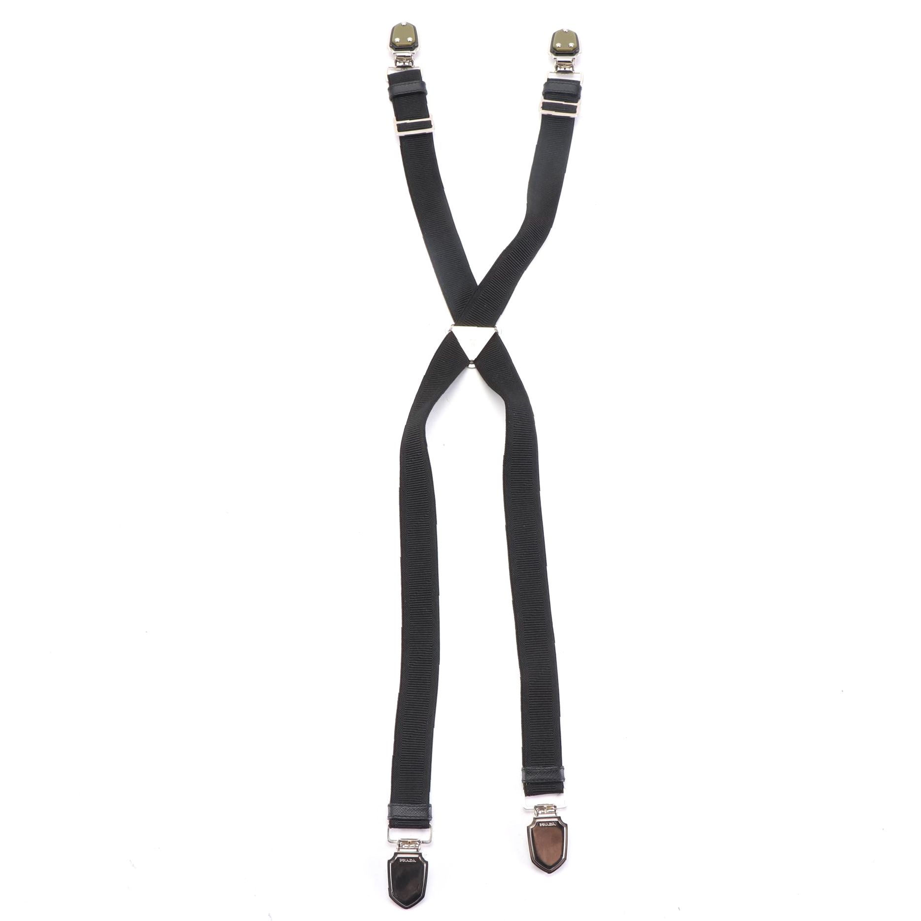 Prada Embellished Suspenders in Black Elastic Gore with Saffiano