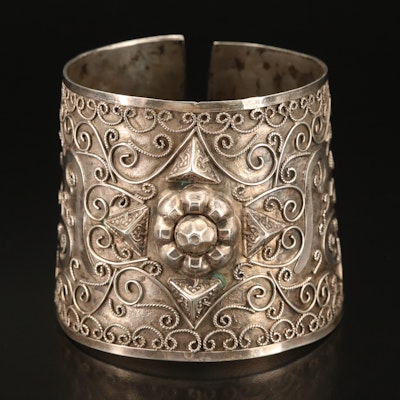 Stylized Arabic Script Sterling Cuff with Wirework Granulated Detail