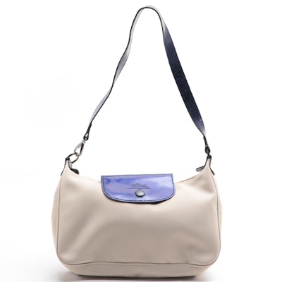 Longchamp Small Zip Shoulder Bag in Beige Nylon with Leather Trim