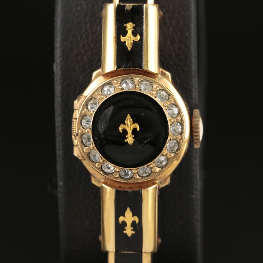 Vintage Henri Gireaux Enamel Fleur de Lis Hinge Cover Wristwatch