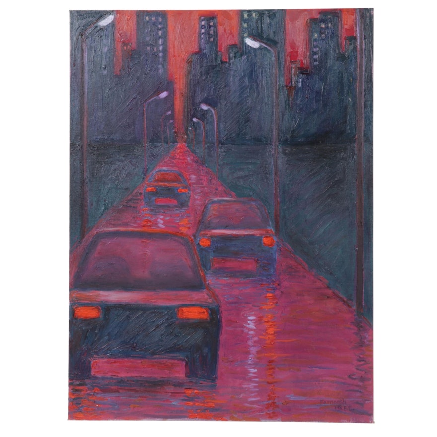 Farnoosh Lanjani Oil Painting of Twilit Cars Approaching City, Circa 1992