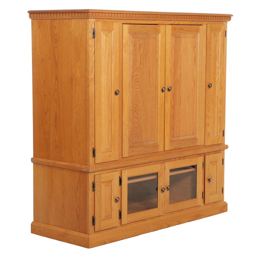 Two-Piece Paneled Oak and Glass Entertainment Armoire