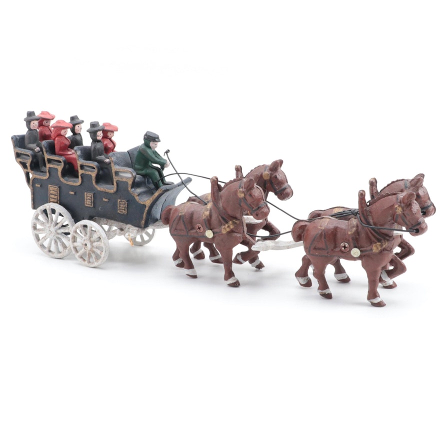 Cast Iron Horse-Drawn Wagon with Passengers Model Toy, Early to Mid-20th Century