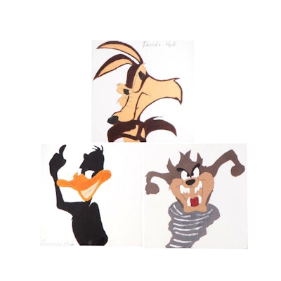 Deondre Hyde Folk Art Acrylic Paintings of Daffy, Taz, and Wyle E. Coyote