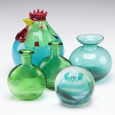 Murano Style Glass Rooster Figurine with Glass Vase, Bottles and Paperweight