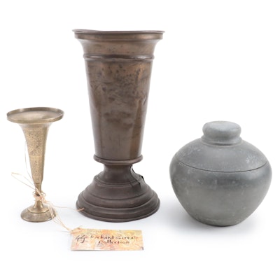 Incised Brass Bud Vase, Pewter Lidded Vessel, and Other Tableware