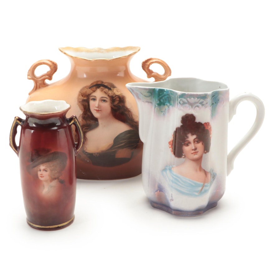 Warwick Ioga Ceramic Handled Portrait Vase with Other Porcelain Vase and Pitcher