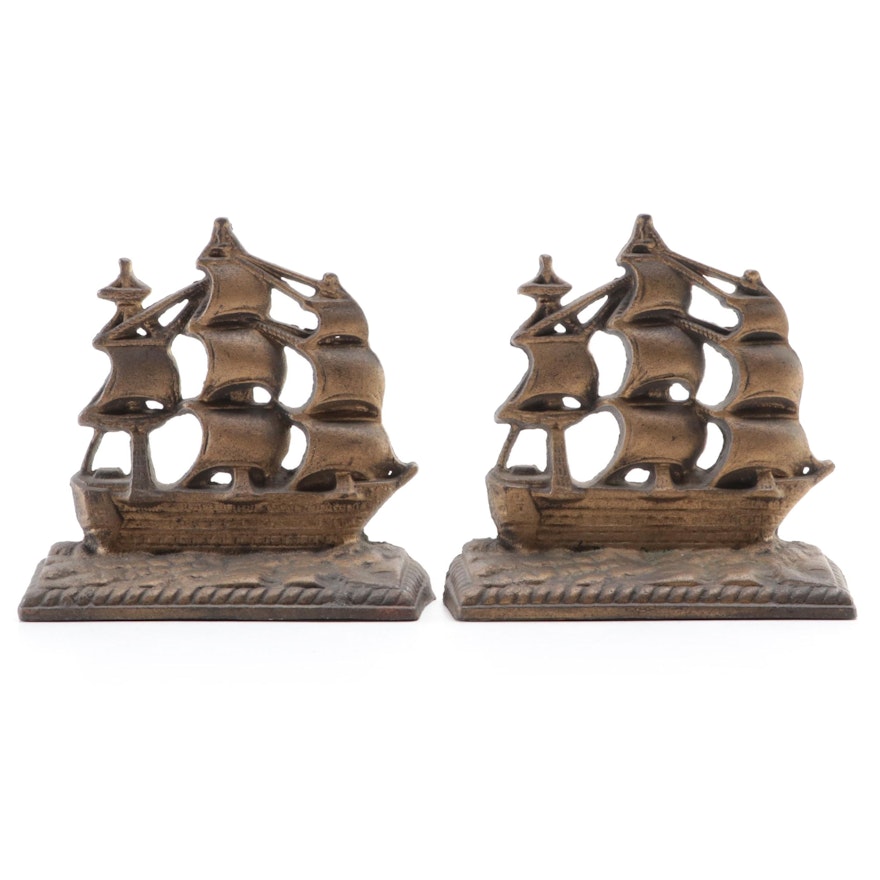 Painted Cast Iron Clipper Ship Bookends, Mid-20th Century