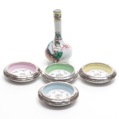 Hunt-Hallmark Porcelain Coasters with Sterling Silver Rims and Chinese Bud Vase
