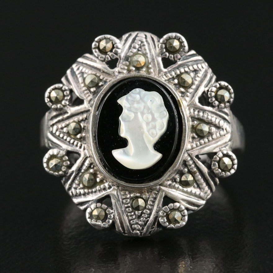 Vintage Sterling Black Onyx and Mother-of-Pearl Cameo Ring with Marcasite