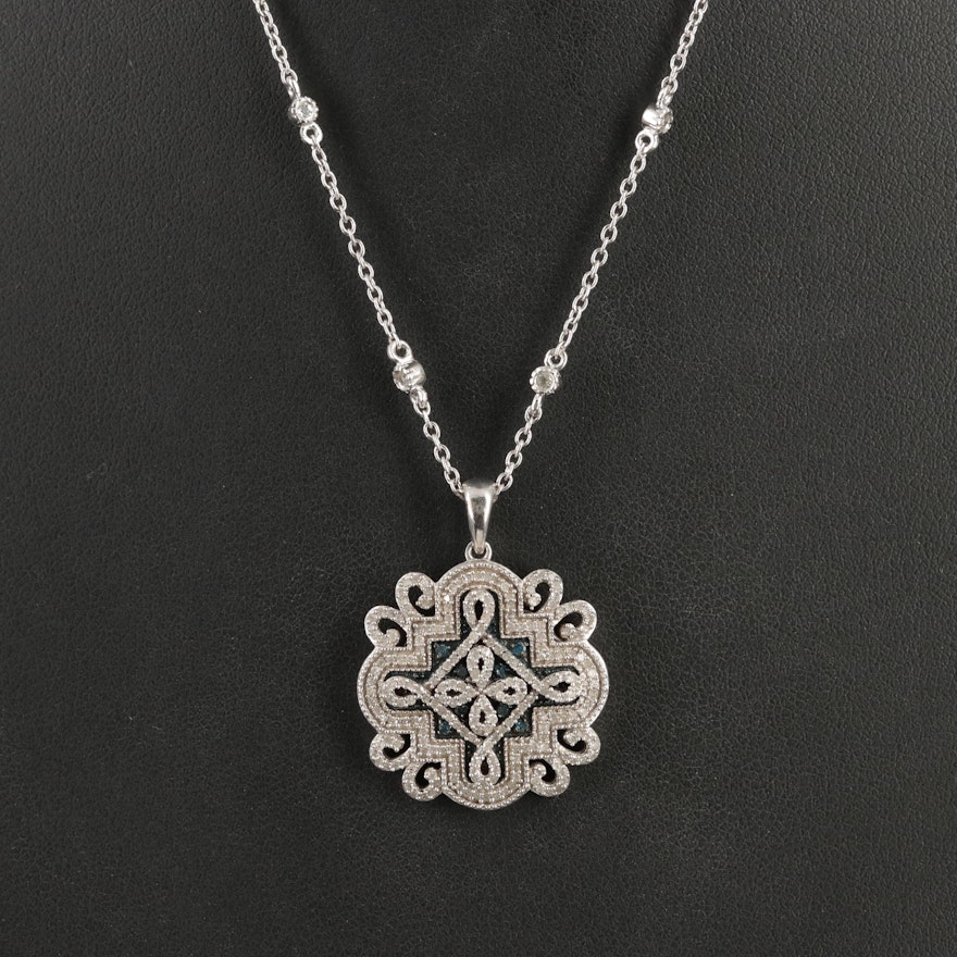 Sterling Diamond and Sapphire Quatrefoil Pendant Necklace