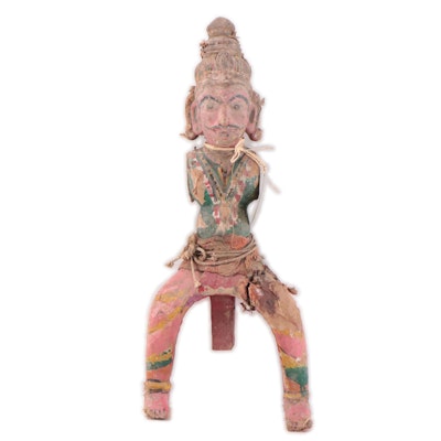 Indian Painted Wood Nobleman Rider Figure Fragment, Late 19th Century
