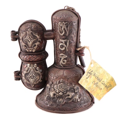 Bhutanese Copper and Silvered Metal Bell and Vajra Ritual Objects Holder
