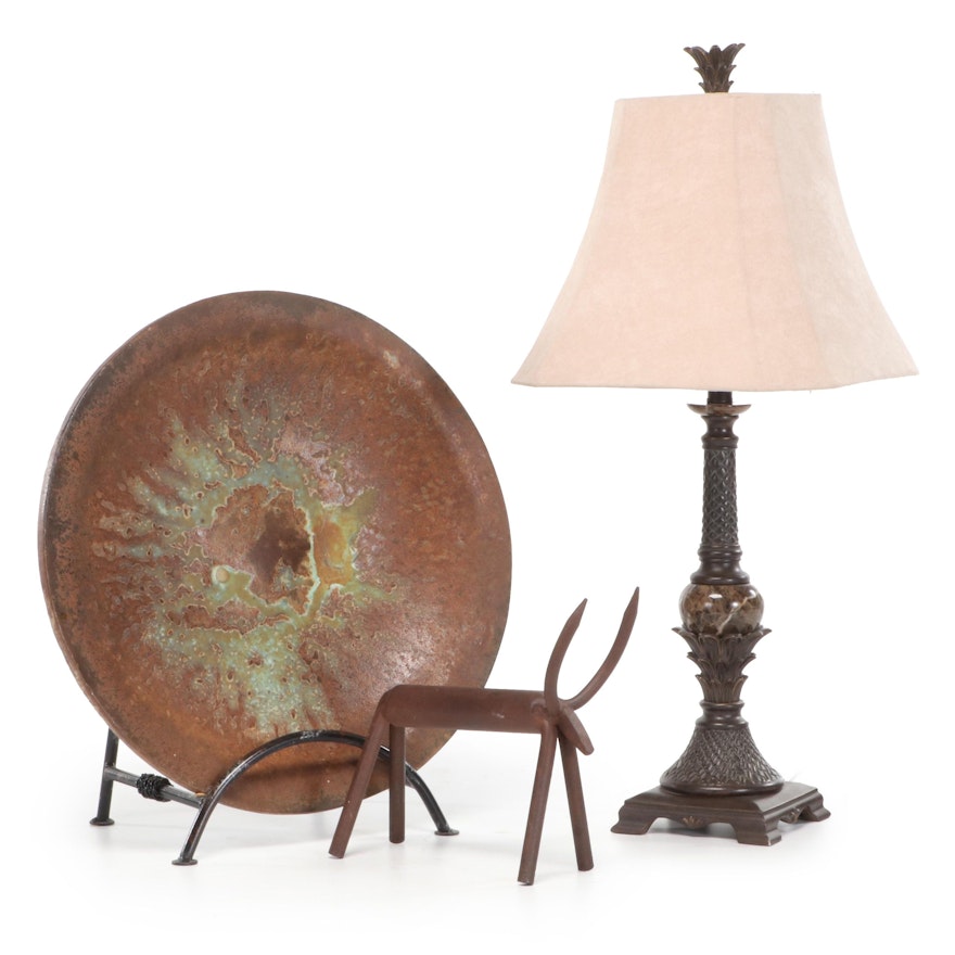 Marble and Resin Table Lamp With Patinated Metal Plate and Metal Figurine