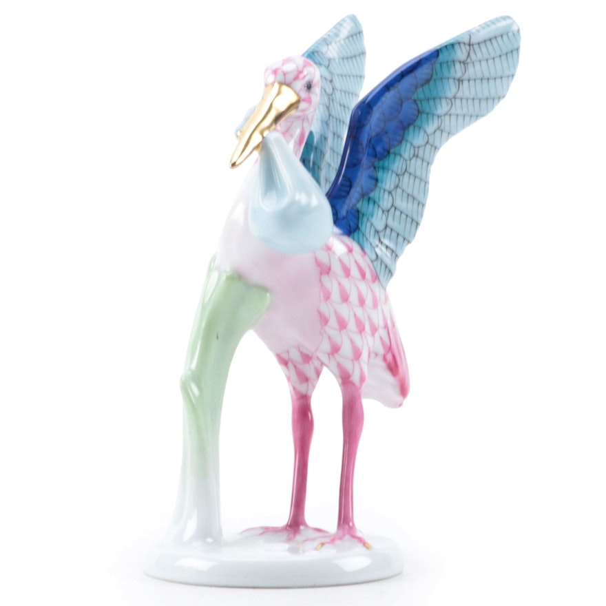 Herend Raspberry with Gold "Stork and Baby" Porcelain Figurine