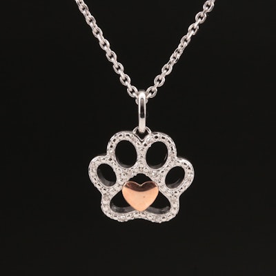 Sterling Diamond Paw Print and Heart Necklace with 10K Rose Gold Accent