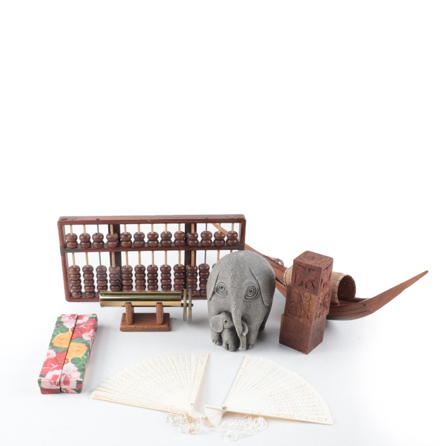 Ceramic Elephant Figurine with Carved Blocks and Other Decor Items