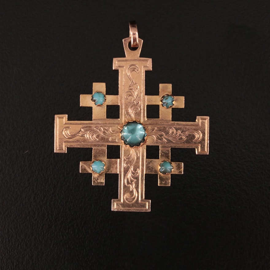 10K Rose Gold Jerusalem Cross Pendant with Engraved Scroll and Glass Cabochons