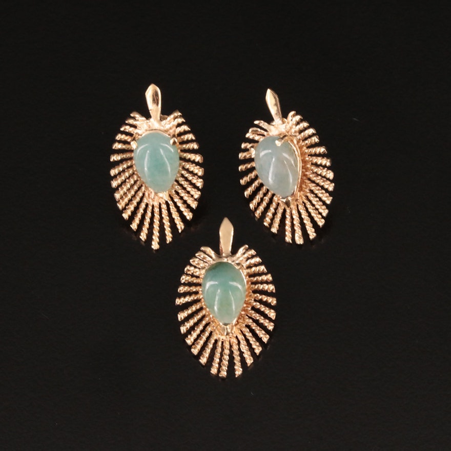 Vintage 14K Jadeite Fan Earrings and Pendant Set