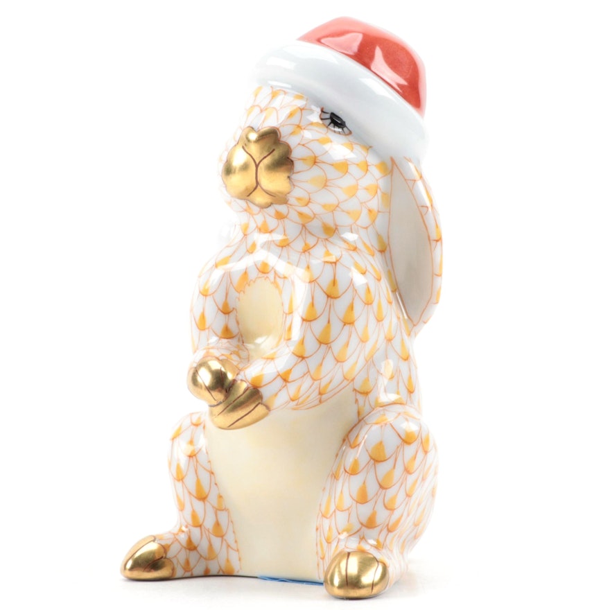 Herend Butterscotch Fishnet with Gold "Christmas Bunny" Porcelain Figurine