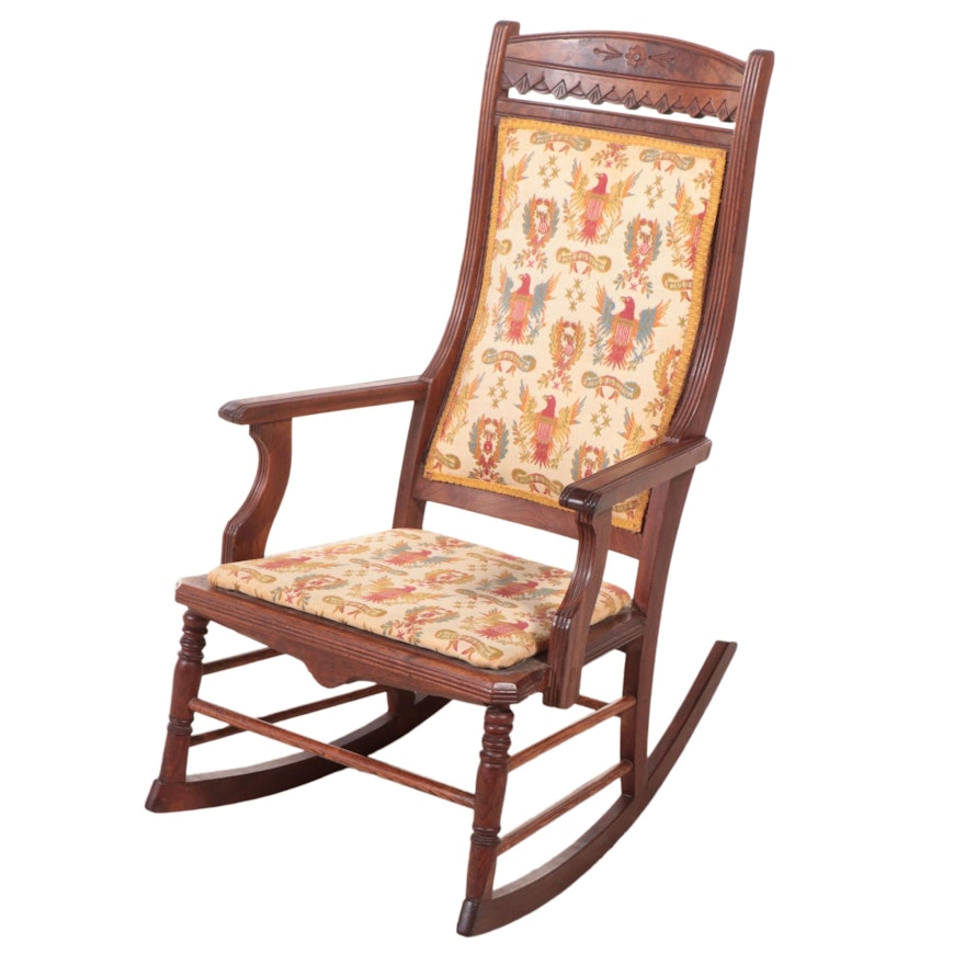 Victorian Walnut and Needlepoint Upholstered Rocking Armchair, Late 19th Century