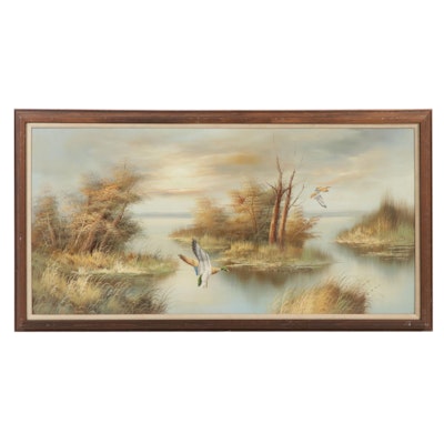 R. Duncan Oil Painting of Ducks Taking Flight From Marsh, Late 20th Century