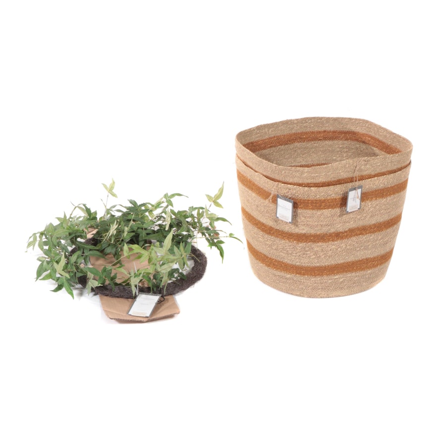 Pair of Threshold Natural Seagrass Baskets with Asymmetrical Wreath