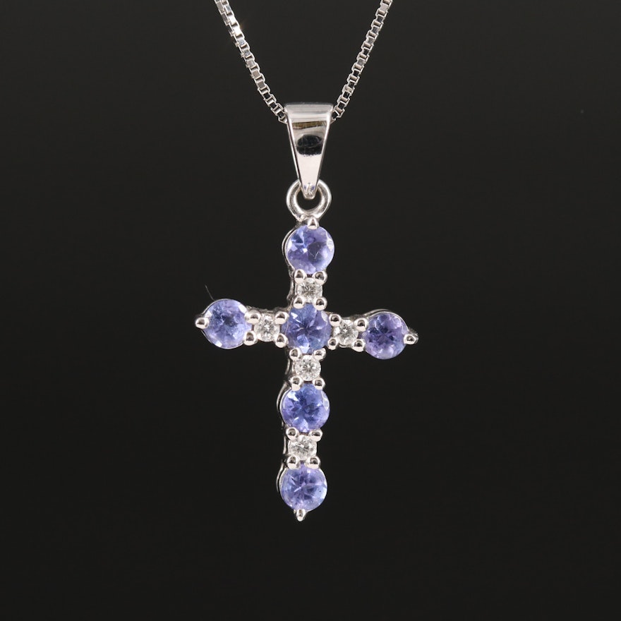 14K Tanzanite and Diamond Cross Pendant Necklace