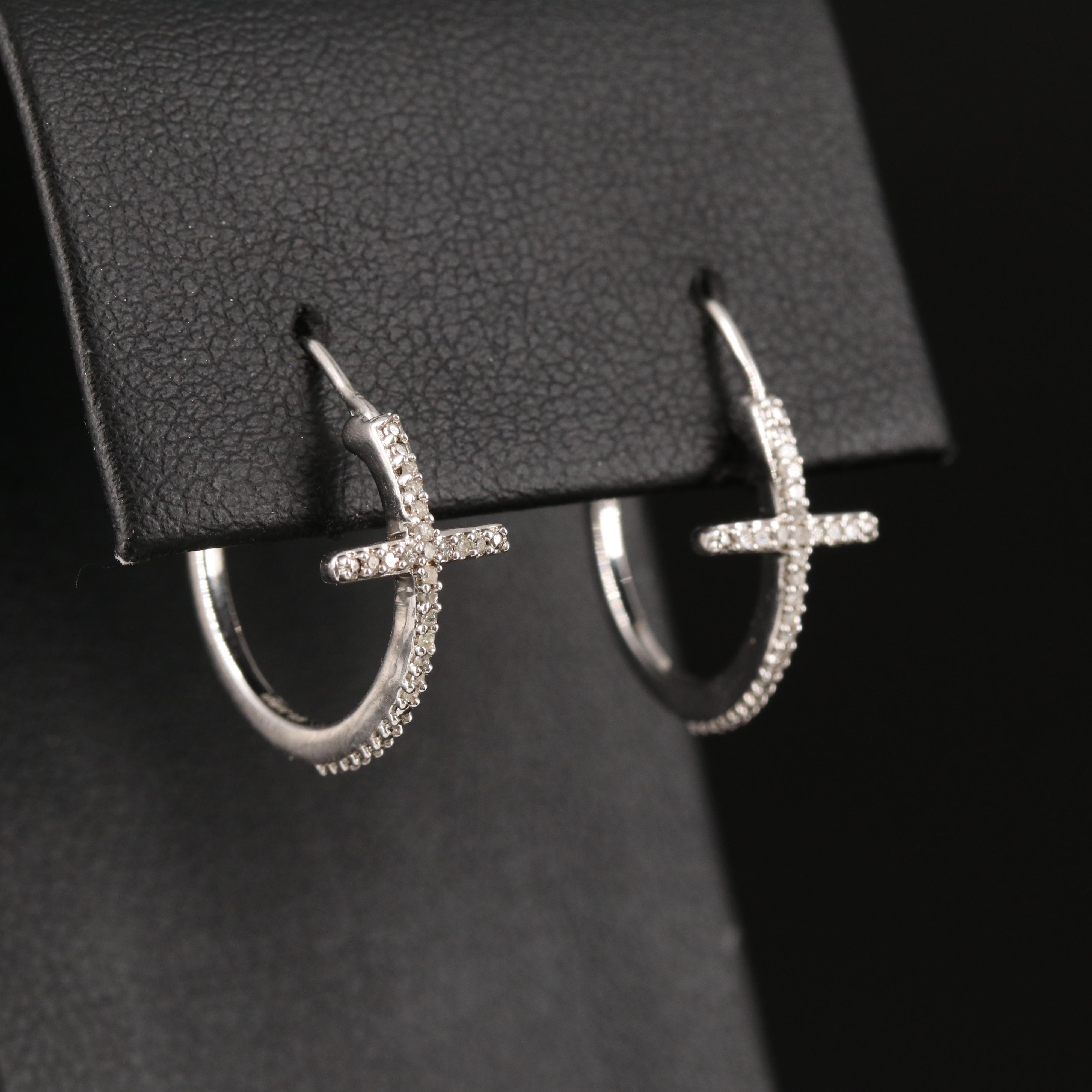 Sterling Diamond Cross Hoop Earrings EBTH