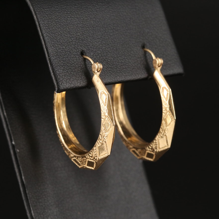 14K Decagonal Hoop Earrings with Diamond Shape and Scroll Pattern
