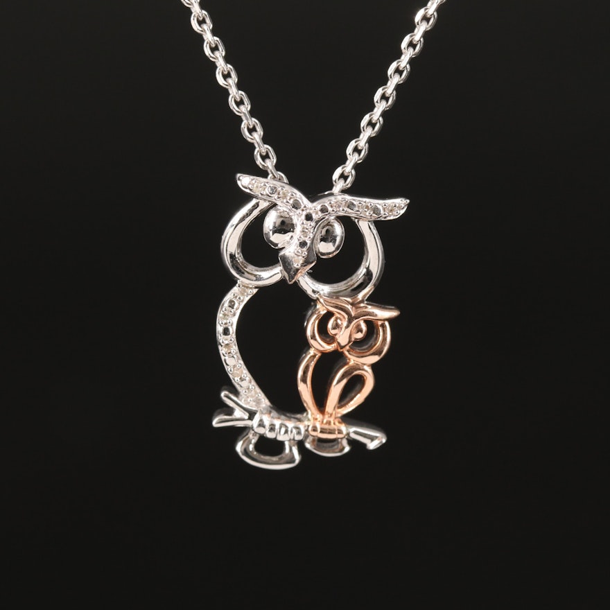 Sterling Diamond Owl Pendant Necklace with 10K Rose Gold Accent