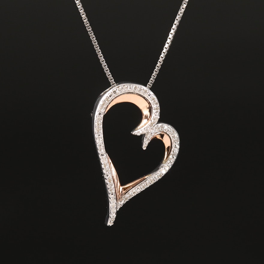 Sterling Diamond Heart Necklace with 10K Rose Gold Accents
