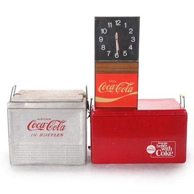 Coca-Cola Metal Coolers with Illuminated Wall Clock, Mid to Late 20th Century