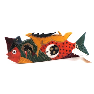 Mexican Hand-Painted Carved Wood Fish Figure
