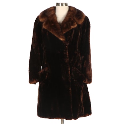 Brown Sheared Muskrat Fur Coat with Mink Fur Notch Collar by Stanley Rich