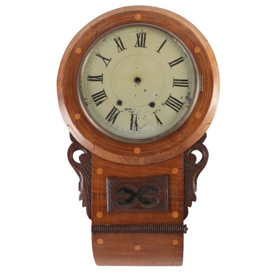 Victorian Wood Inlay Schoolhouse Wall Clock, Late 19th Century