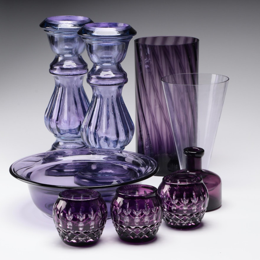 Bohemian Style Cut to Clear Votives with Other Purple Glass Table Décor