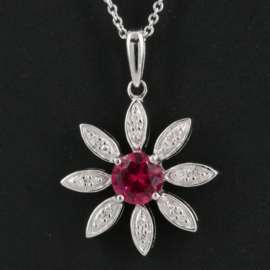 Sterling Ruby and Diamond Pendant Necklace