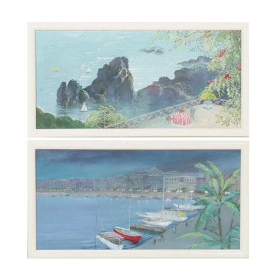 Folk Art Acrylic Paintings of Coastal Vista and Nocturnal Bay, Circa 2000
