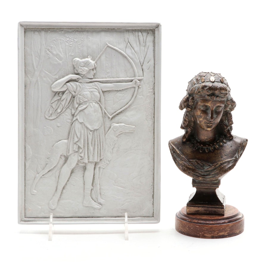 Greek Goddess Artemis Cast Plaster Wall Hanging with Neoclassical Style Bust